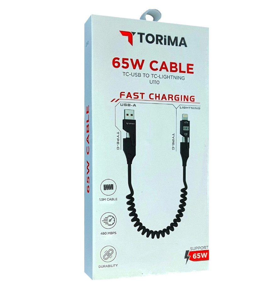 وصلة الشحن الحلزونية متعددة الاستخدامات torima | شحن سريع 65W | تصميم 4 في 1 | متوافقة مع أجهزة iPhone وAndroid وType-C | بطول 1.5 متر - Image 1 + 1