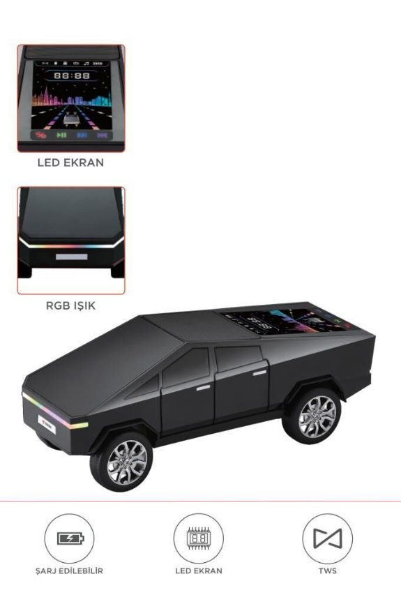 مكبر صوت بلوتوث torima بتصميم مستوحى من CyberTruck– صوت قوي 15 واط مع إضاءة RGB / TWS / USB - Image 1 + 1