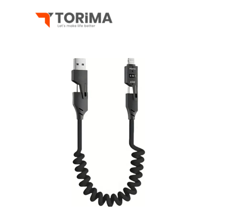 وصلة الشحن الحلزونية متعددة الاستخدامات torima | شحن سريع 65W | تصميم 4 في 1 | متوافقة مع أجهزة iPhone وAndroid وType-C | بطول 1.5 متر 