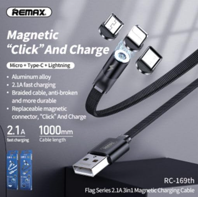 وصلة remax  في 1 مغناطيسي للشحن (1 متر، 2.1A) - Image 1 + 1